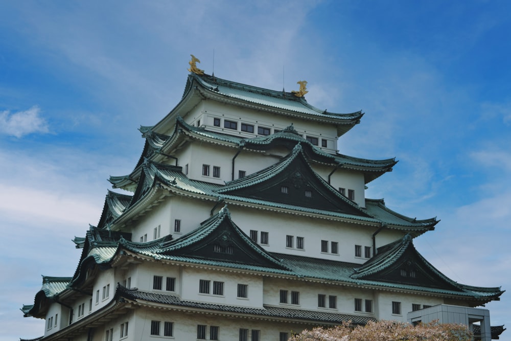 ein großes Gebäude mit einem grünen Dach mit der Burg Nagoya im Hintergrund