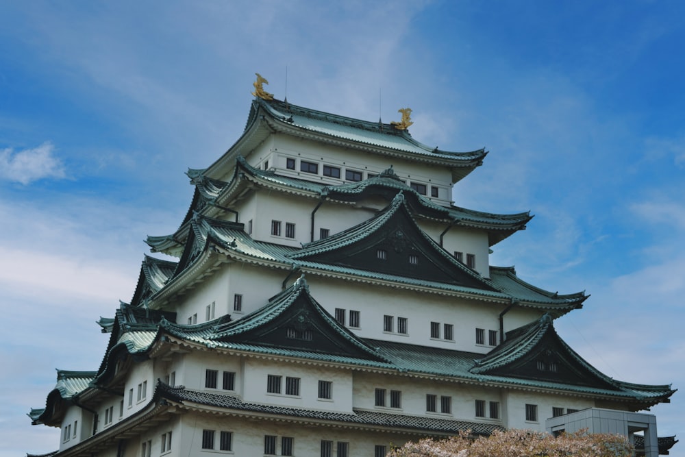 un gran edificio con un techo verde con el Castillo de Nagoya al fondo