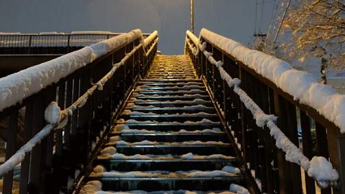 A close-up of freshly cleared steps with snow piled nearby.