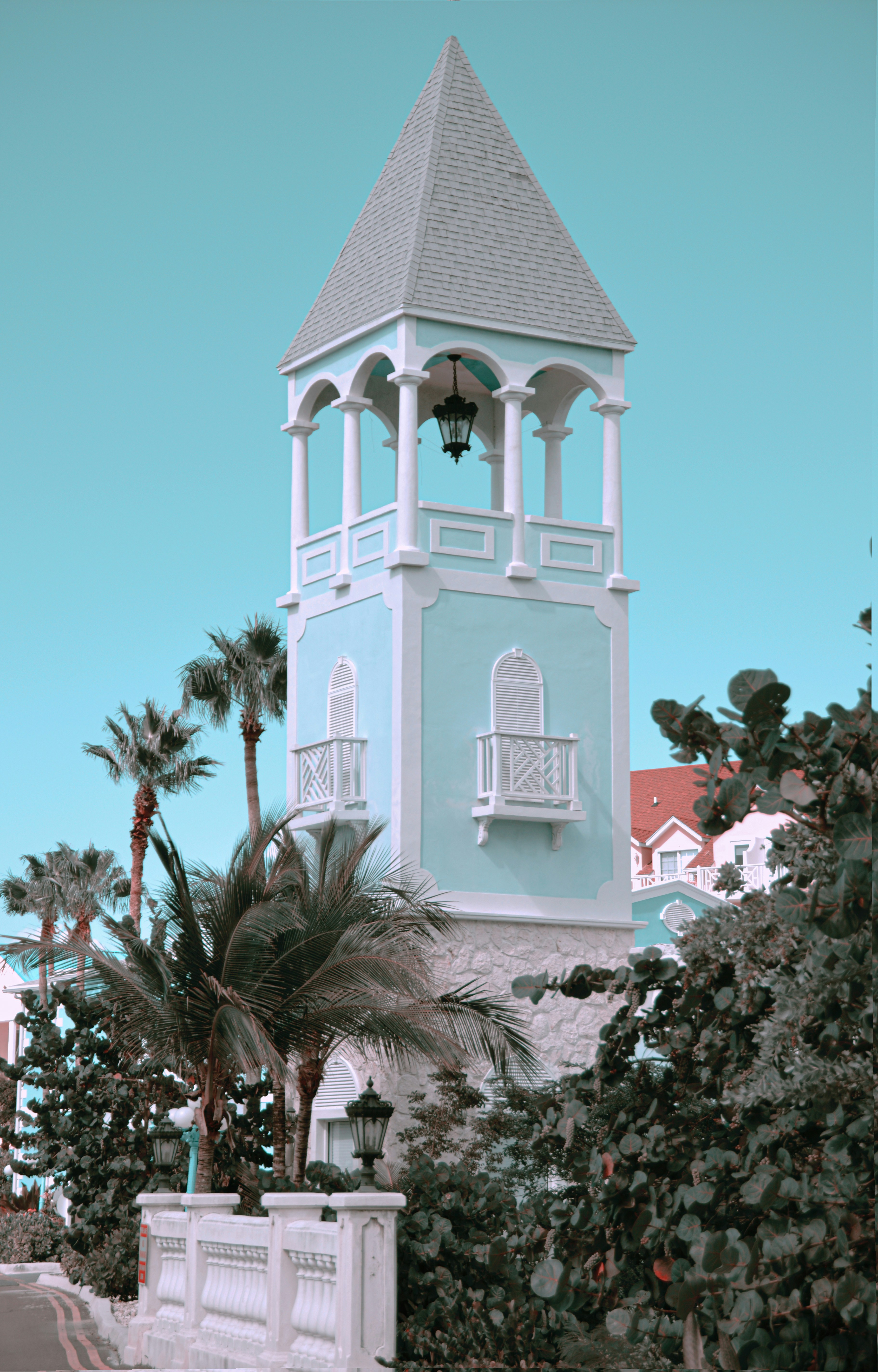 a white building with a tower