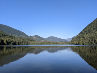a lake with trees and mountains in the background