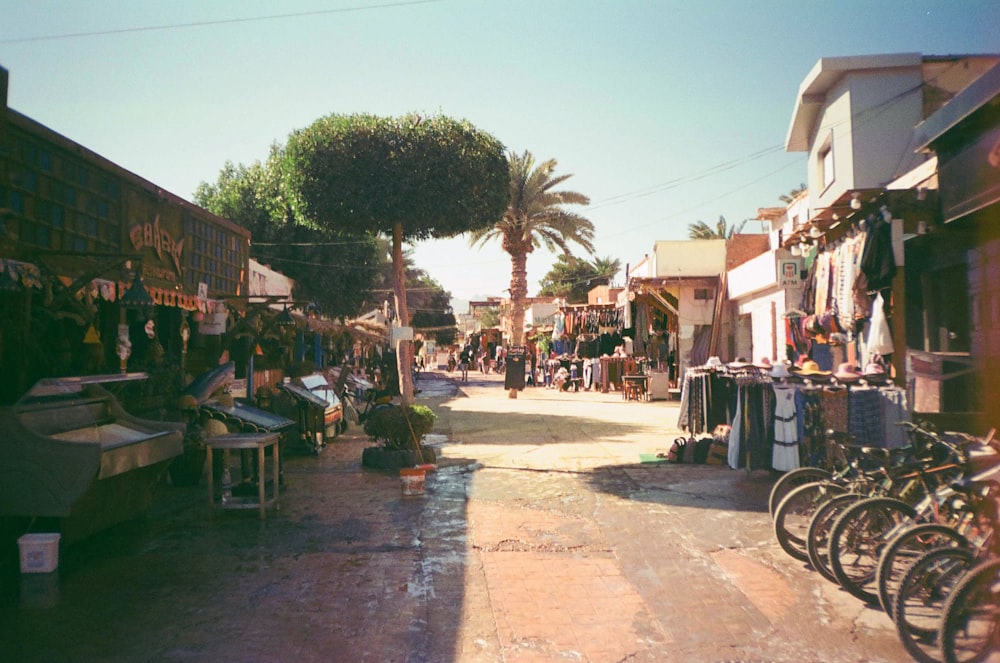 a street with buildings and trees