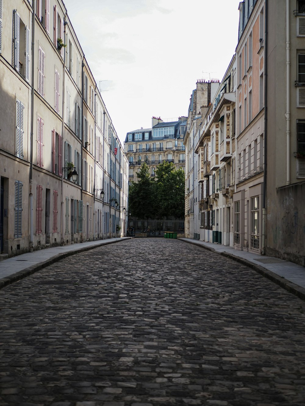 a cobblestone street between buildings