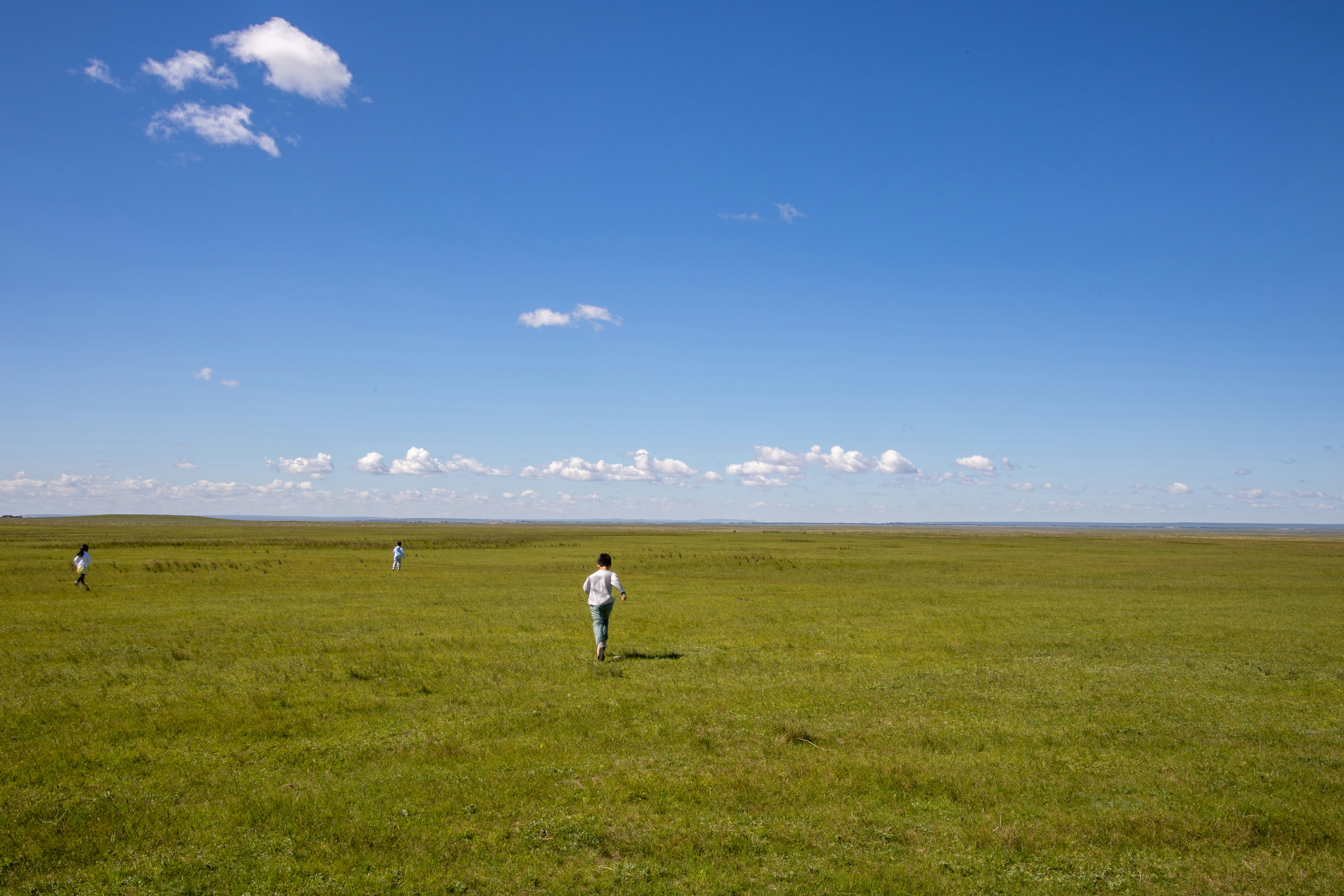 a group of people walking on a grassy field