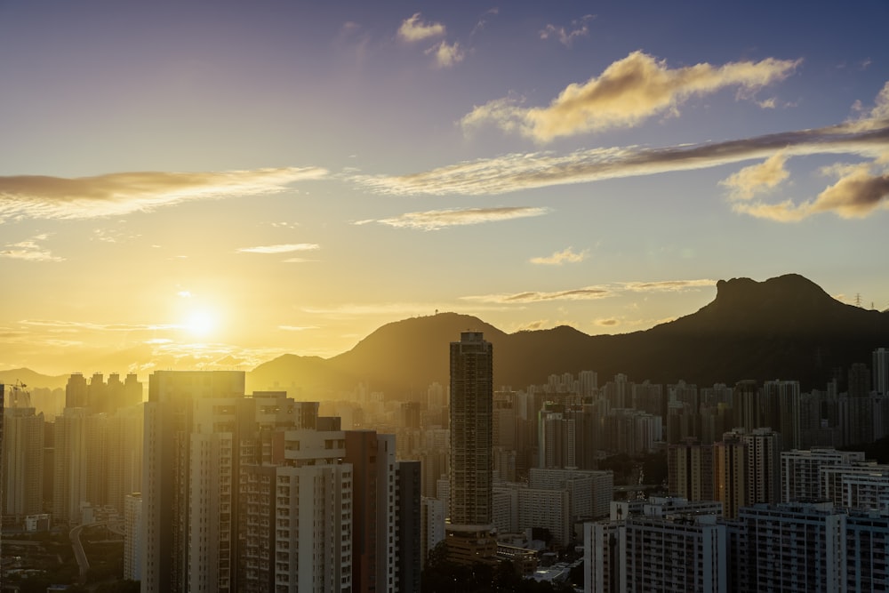 a city with a mountain in the background