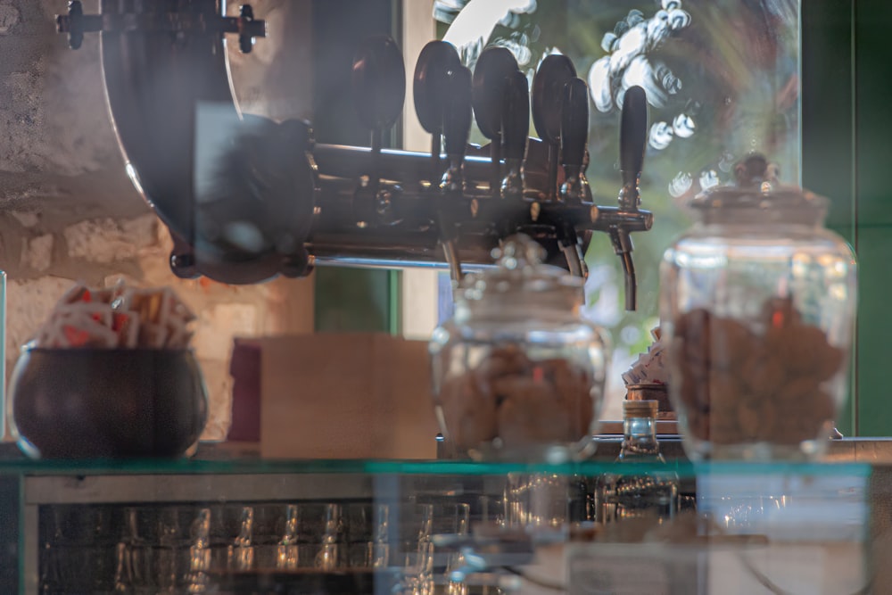 a glass shelf with objects on it