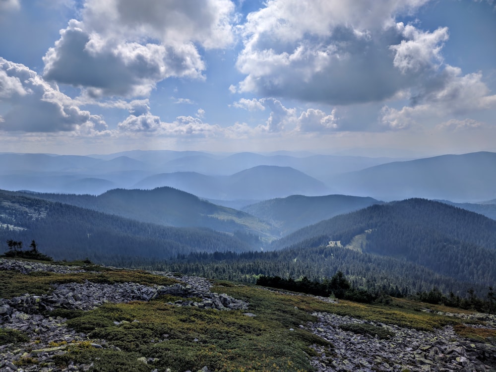 a landscape with mountains and trees