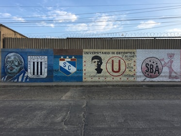 A long mural painted on a brick wall features various symbols and logos representing different sports clubs. The mural includes vivid portraits and emblems, with each section dedicated to a specific team. There are distinctive club colors and badges, complemented by text and artistic elements.