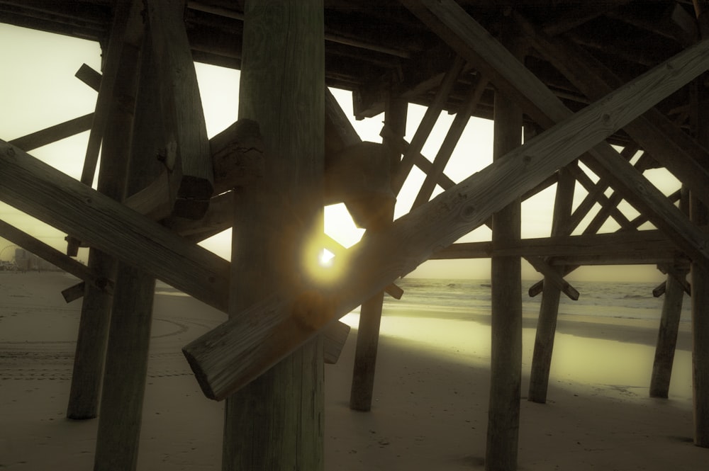 a wooden structure with a light