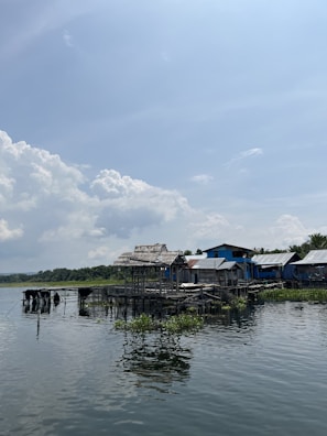 A rural scene featuring a row of wooden houses built over a body of water, likely a lake or river. The homes have rustic, weathered structures with corrugated metal roofs. Vegetation is visible both on the water and in the background, including trees under a bright, partly cloudy sky.