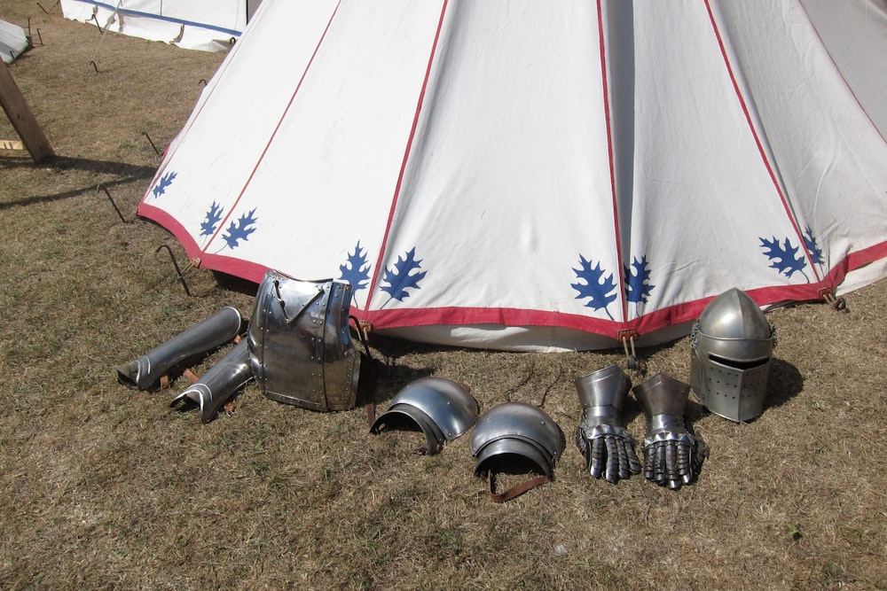 a group of binoculars in front of a flag