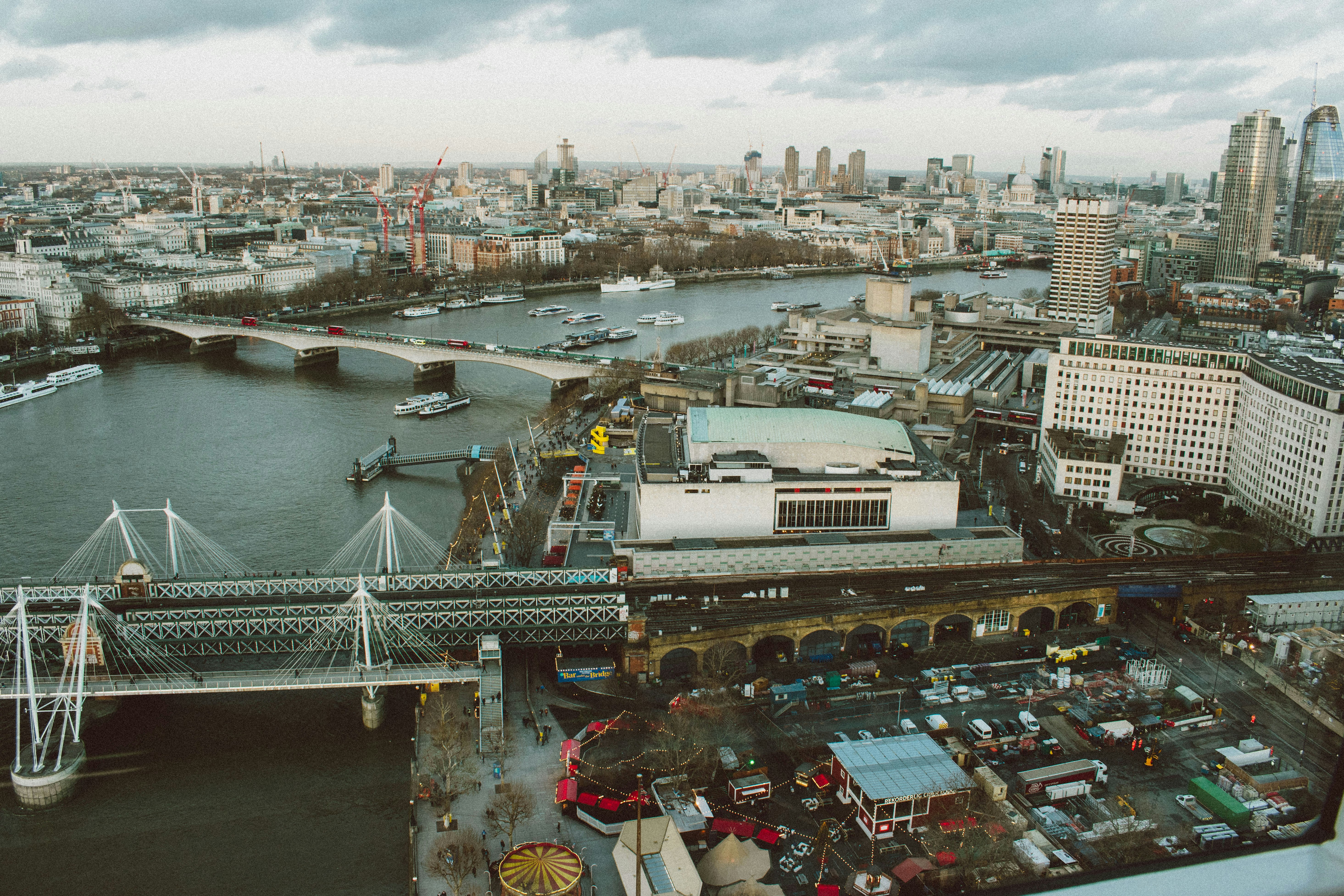 a city with a river and bridges