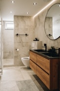 a bathroom with a large mirror