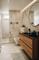a bathroom with a large mirror