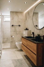 a bathroom with a large mirror