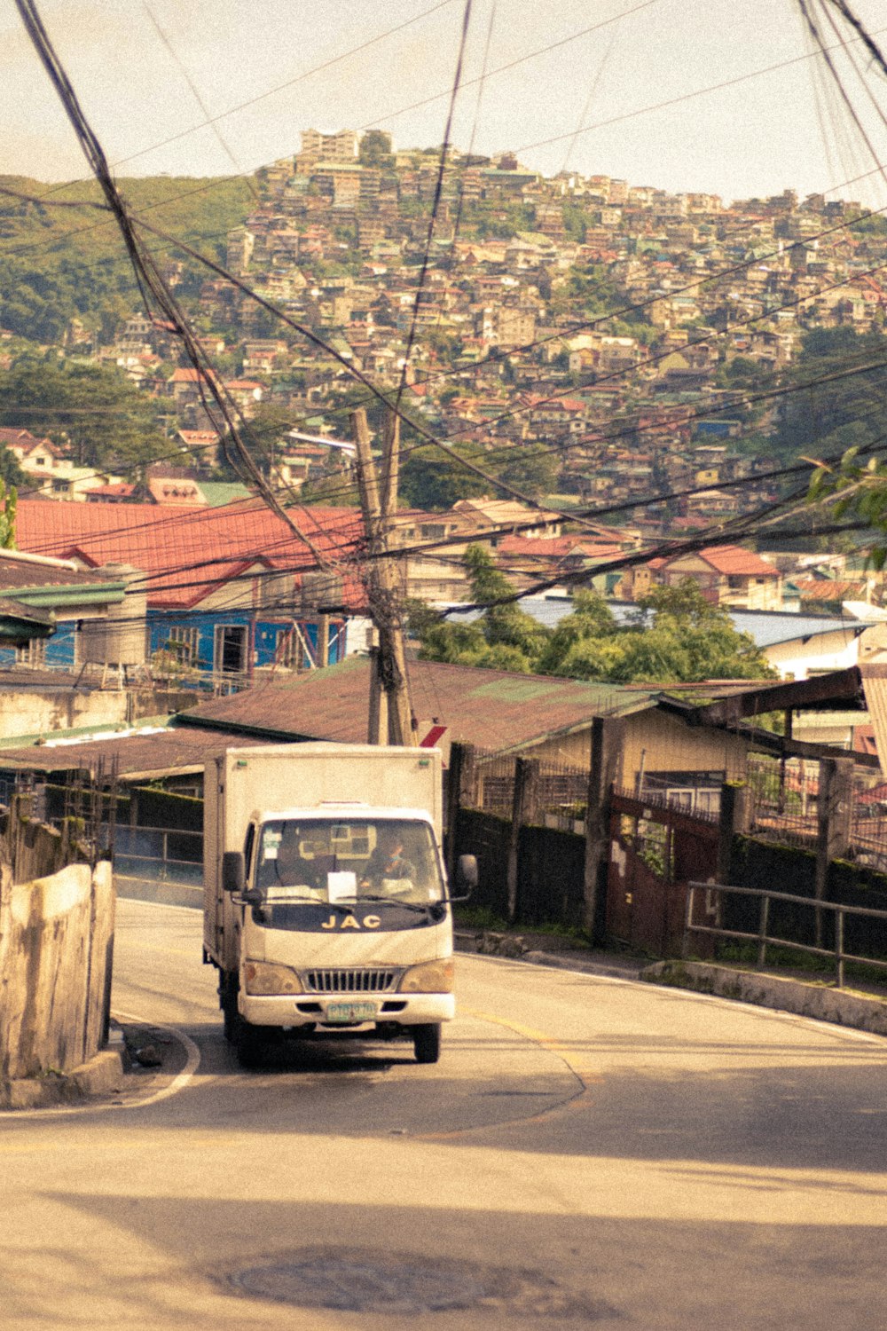 a bus driving down a road