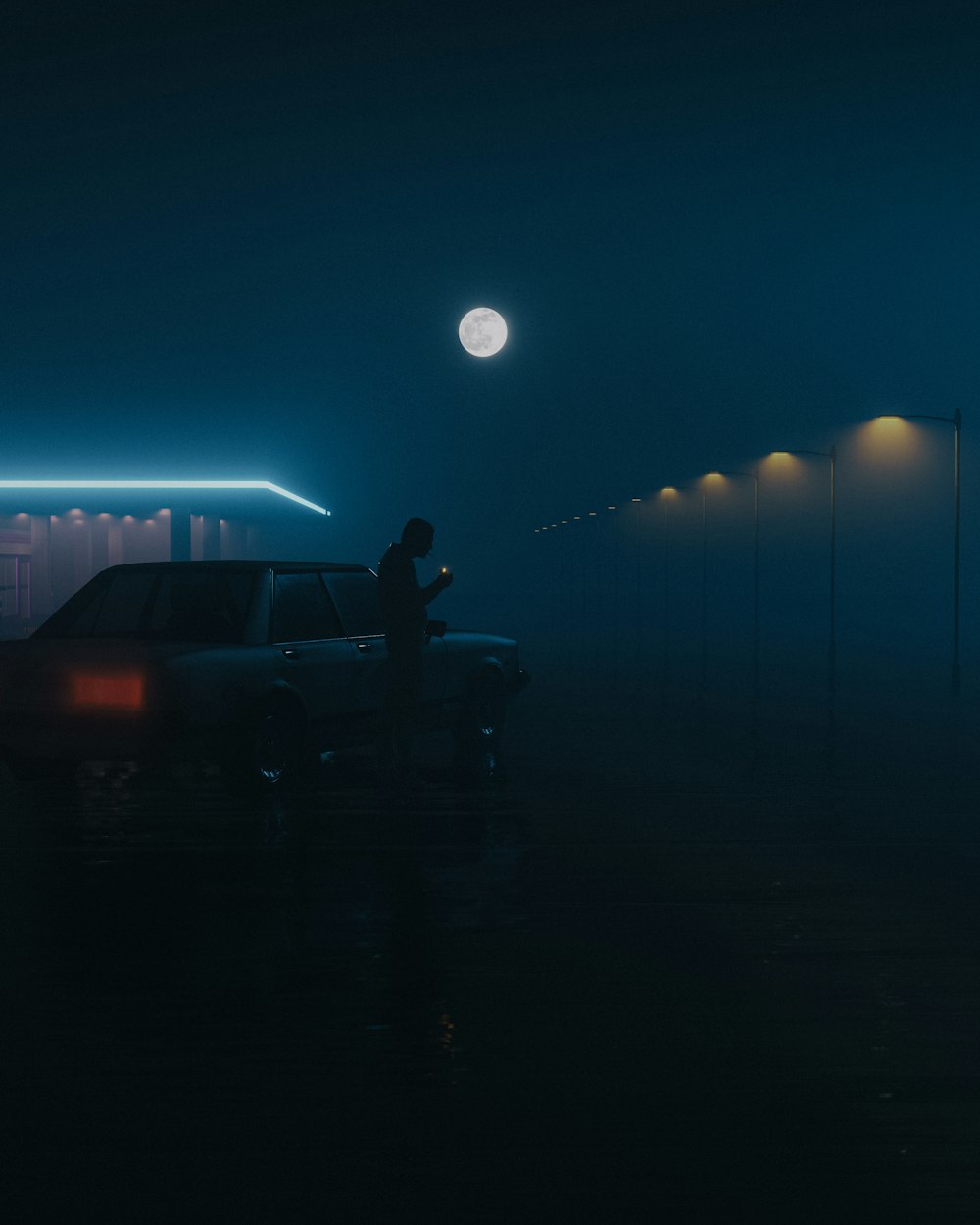 a person standing on the back of a car in a parking lot