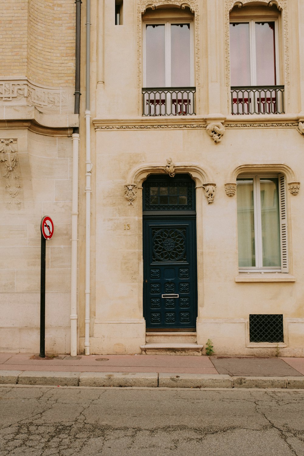 a building with a blue door