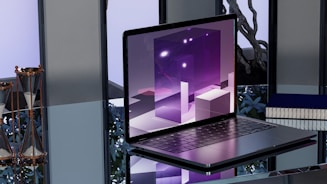 A sleek laptop screen showing a colorful sales funnel design in progress