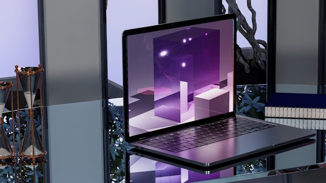 A sleek laptop screen displaying dhanyah hms dashboard with deep navy and gold accents.