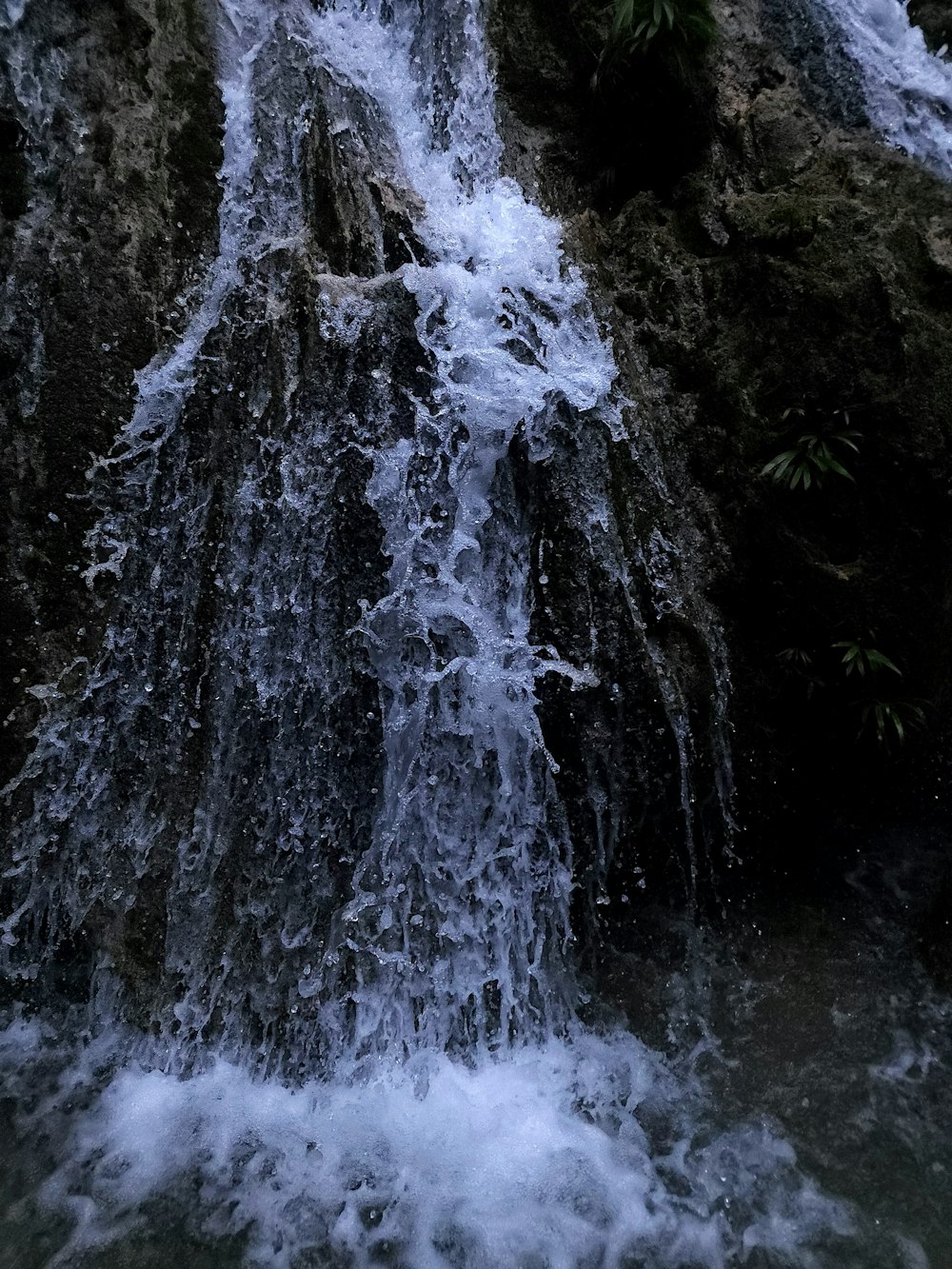 a waterfall with rocks and plants