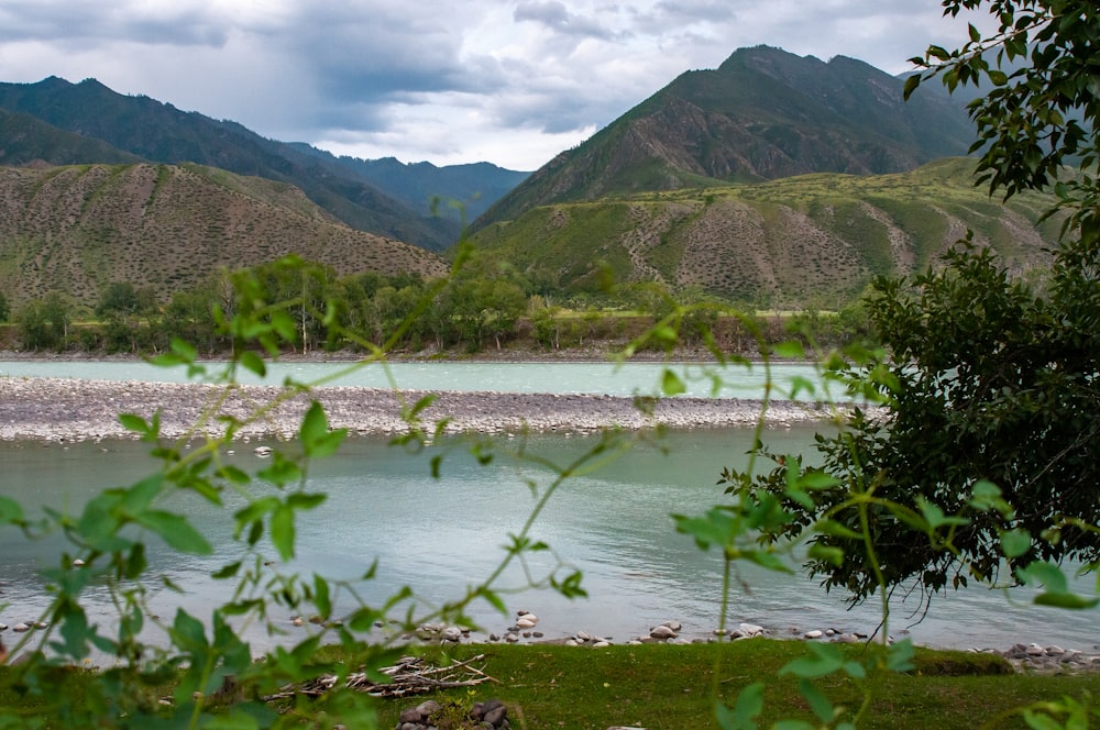 a lake surrounded by trees and mountains