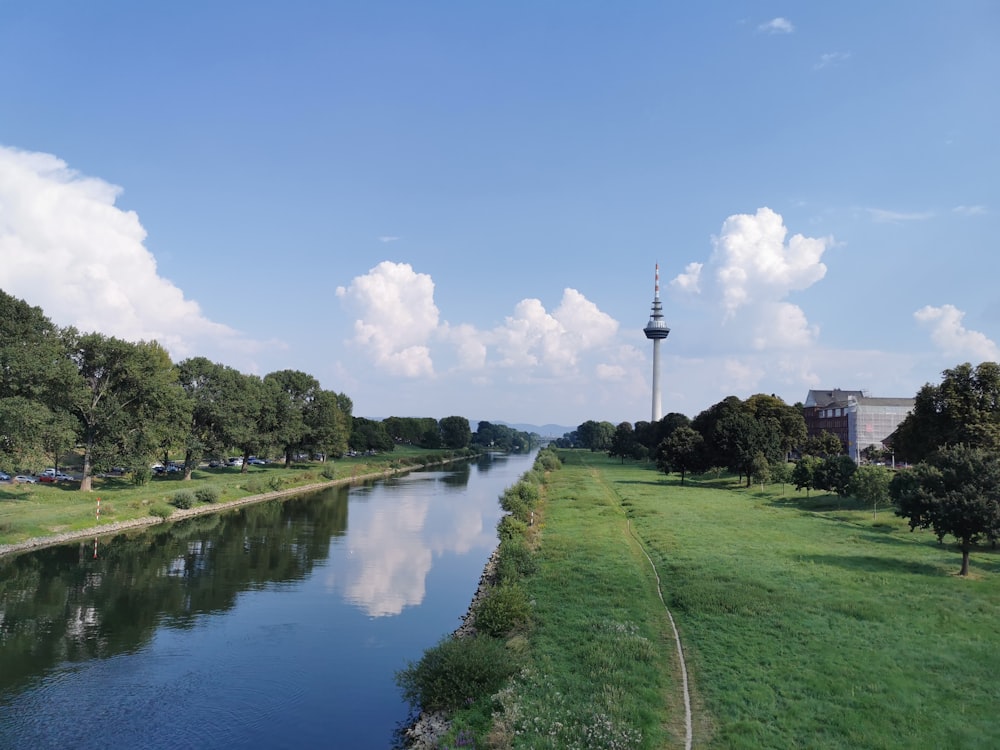 a river with grass and trees by it