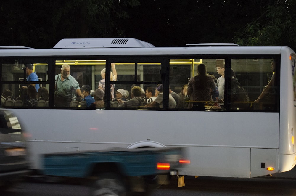 a group of people on a bus