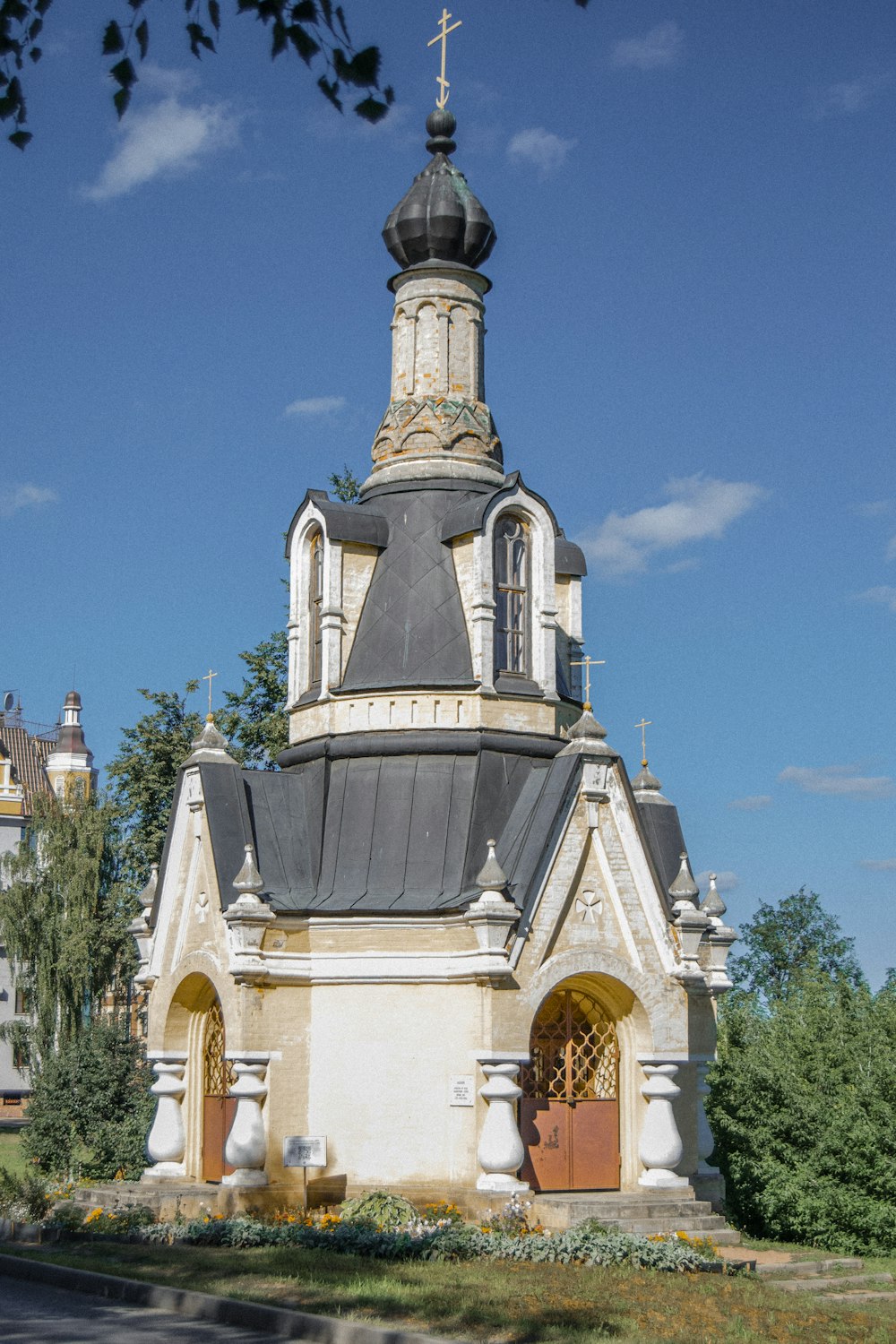 a white building with a tower