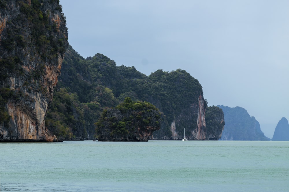 a body of water with a rocky cliff and trees on the side