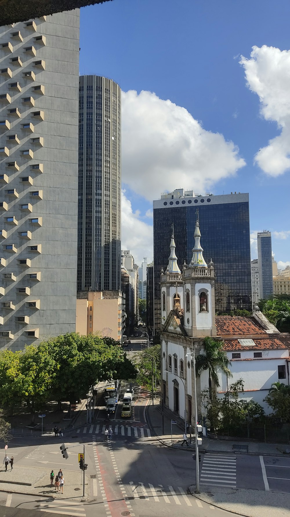 a city street with tall buildings