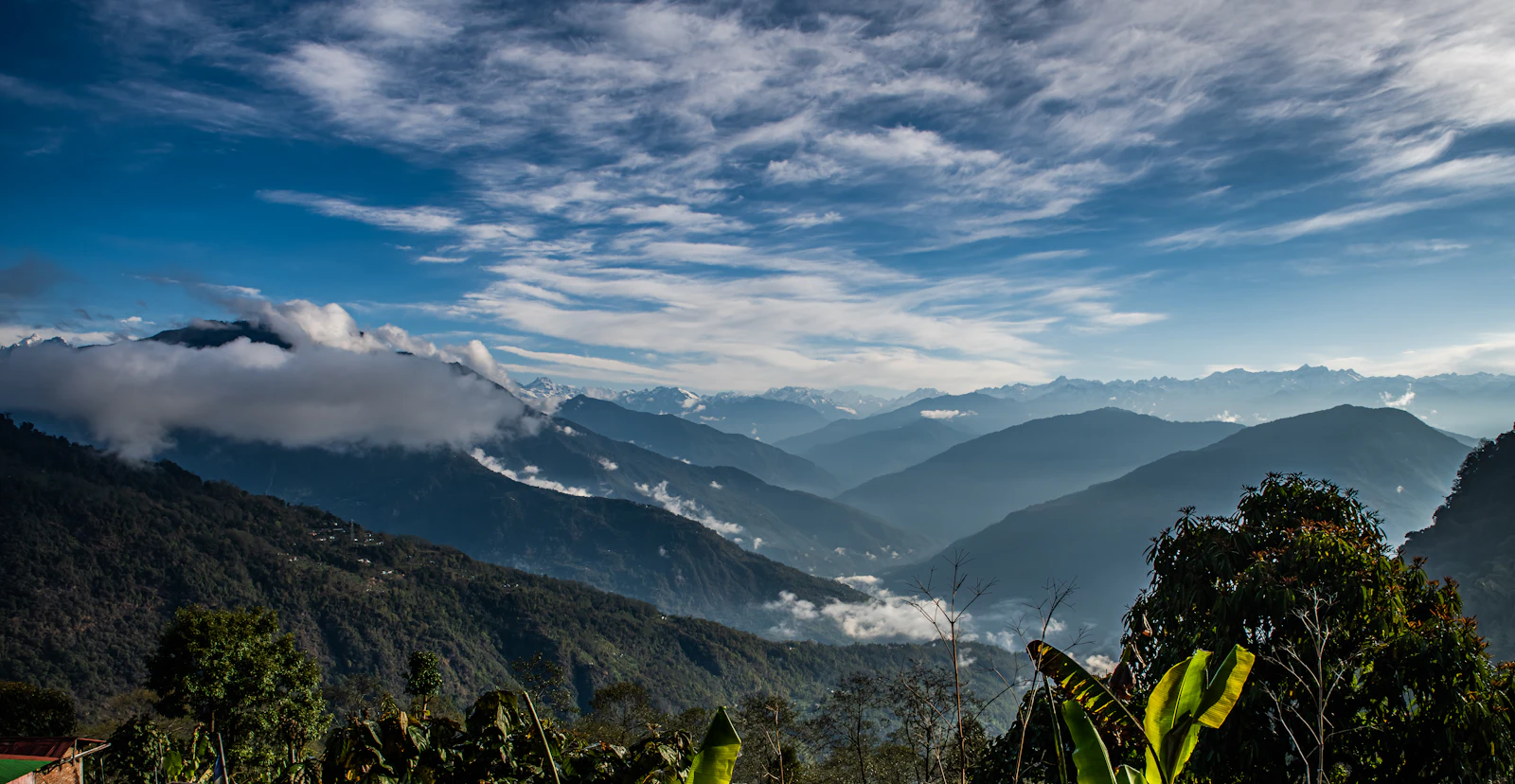 Forested ridges falling away from Ravangla under high cloud, a snow range just visible on the horizon