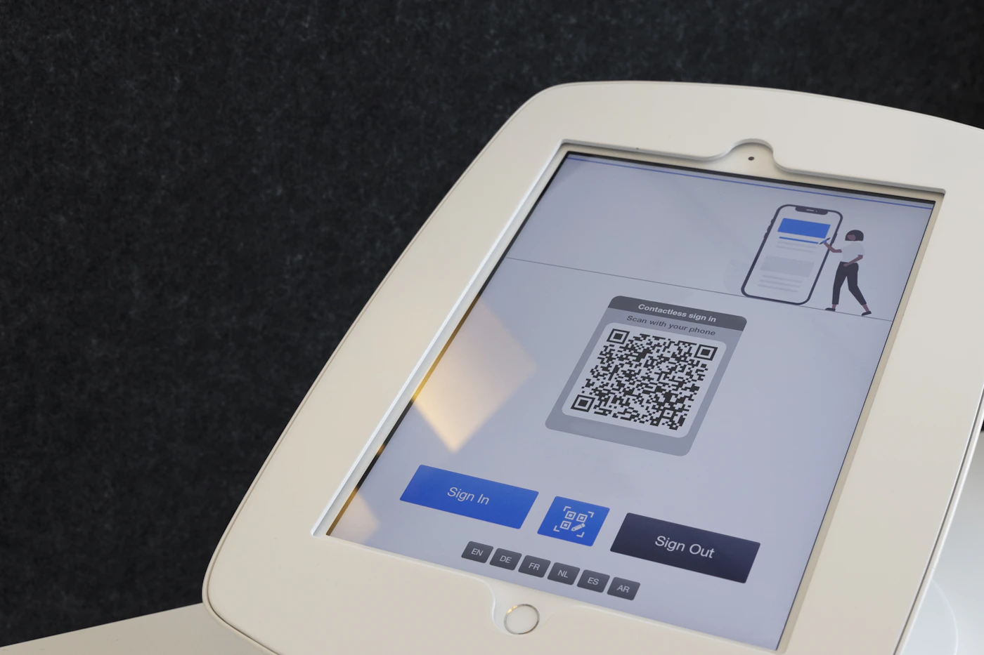 Visitor management check-in kiosk with contactless QR sign-in