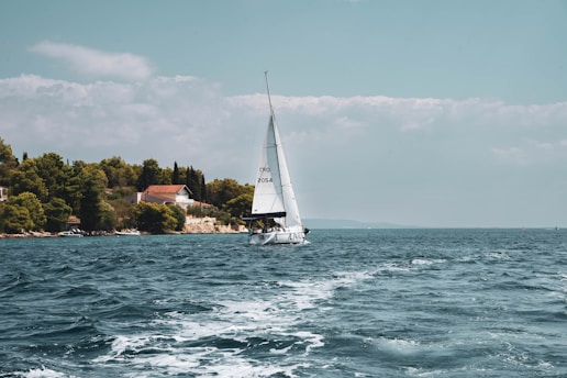 A sailboat with white sails glides gently on a body of water, creating a trail of waves behind it. In the background, a scenic coastline is visible, lined with lush green trees and a quaint house with a red roof. The sky above is partly cloudy with a soft blue hue.