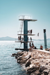 a group of people on a dock