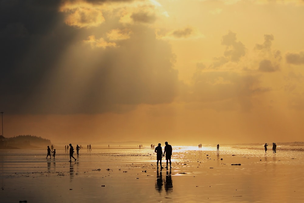 a group of people walking on a beach