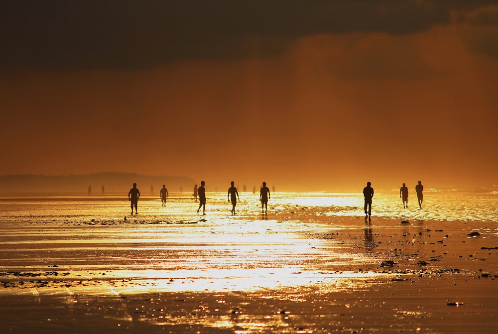 Eine Gruppe von Menschen, die an einem Strand spazieren gehen