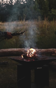 A tranquil outdoor setting features a metal fire pit with a small fire burning. The fire is fueled by sticks and twigs, creating gentle smoke that rises into the air. A hand is visible holding more sticks, ready to add them to the fire. The background is a lush green forest with tall trees and grass, suggesting a peaceful natural environment.