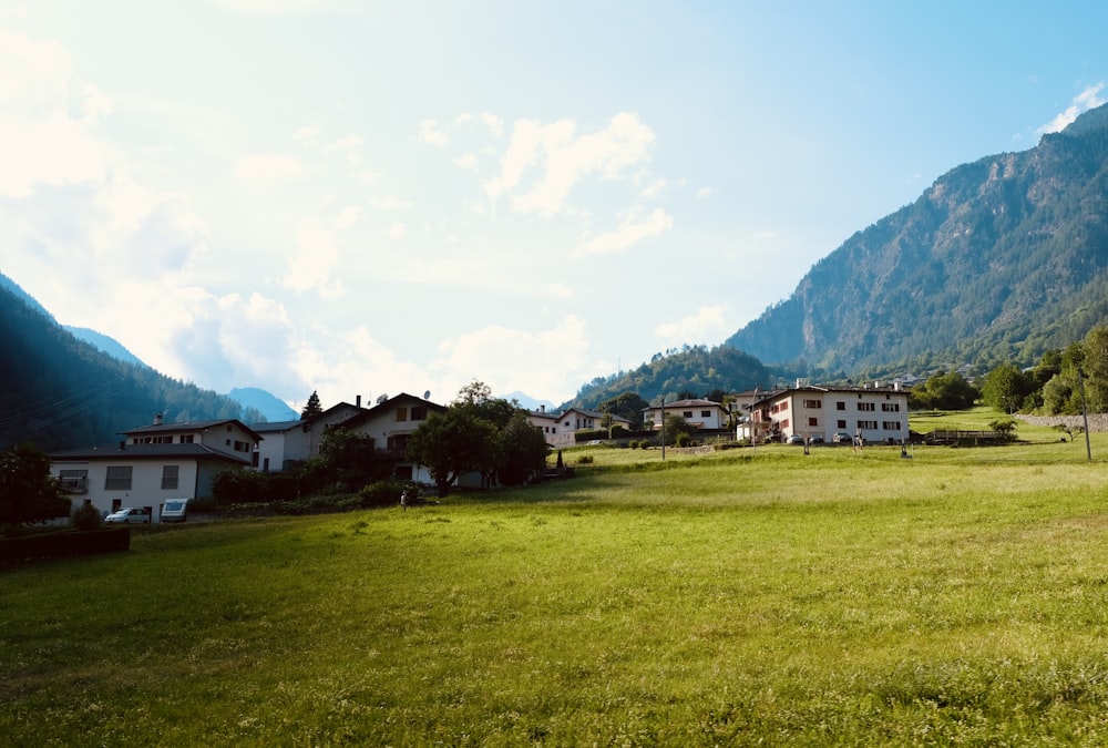 a grassy field with buildings and mountains in the background