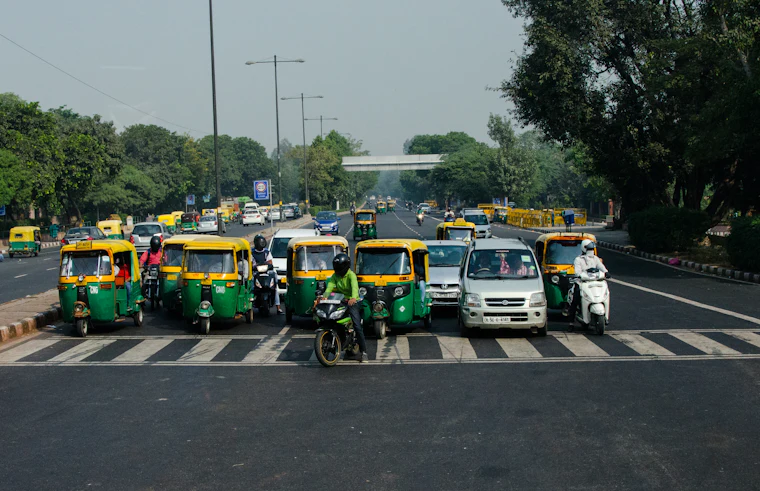 Fleet of commercial vehicles in a parking lot