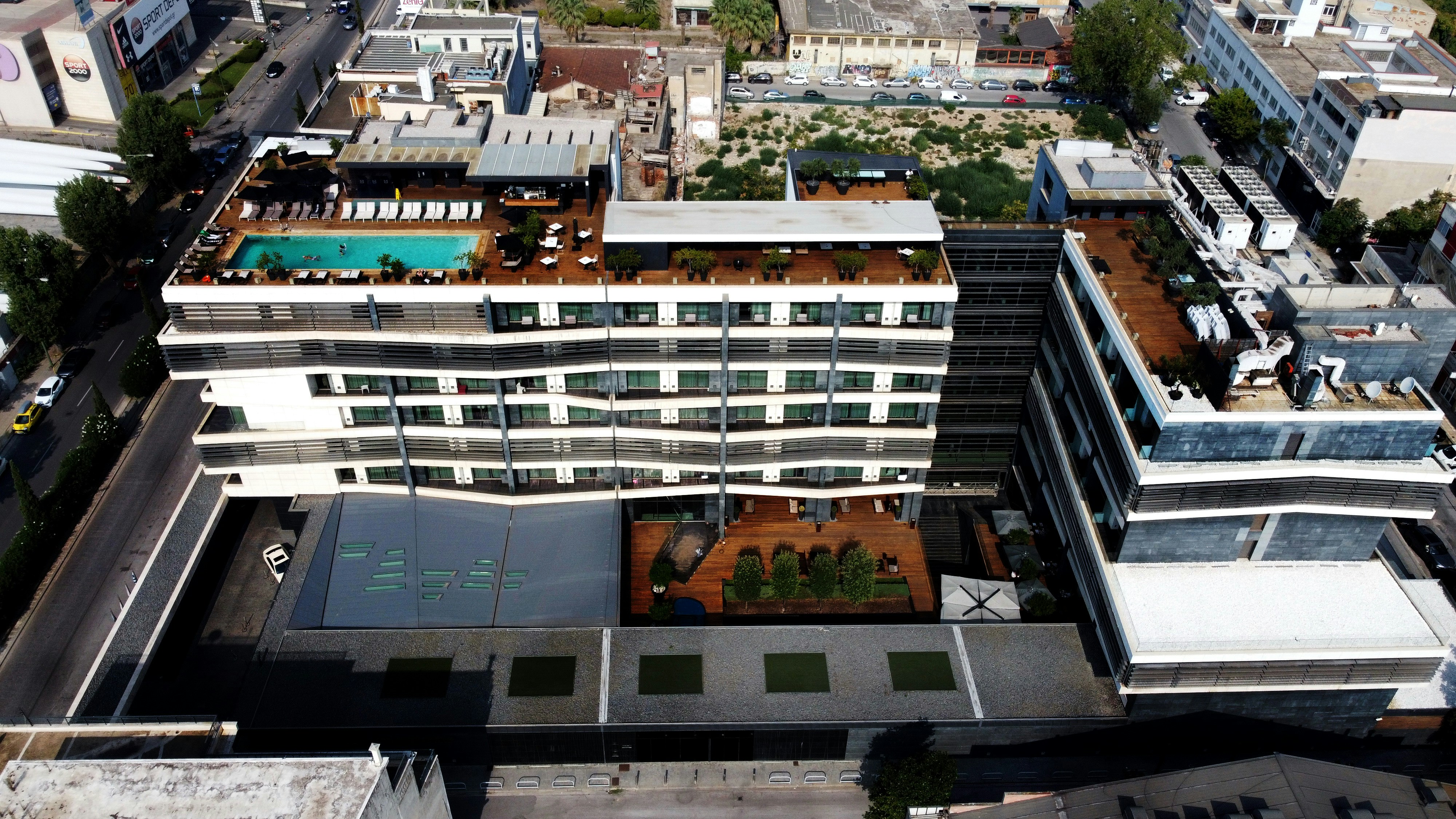 an aerial view of a large building