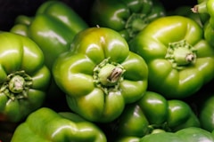 a close up of a group of green peppers