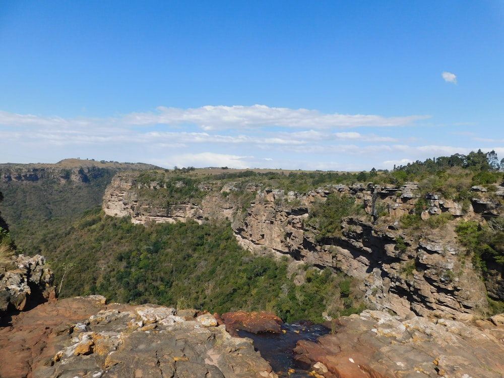 a rocky landscape with trees and blue sky