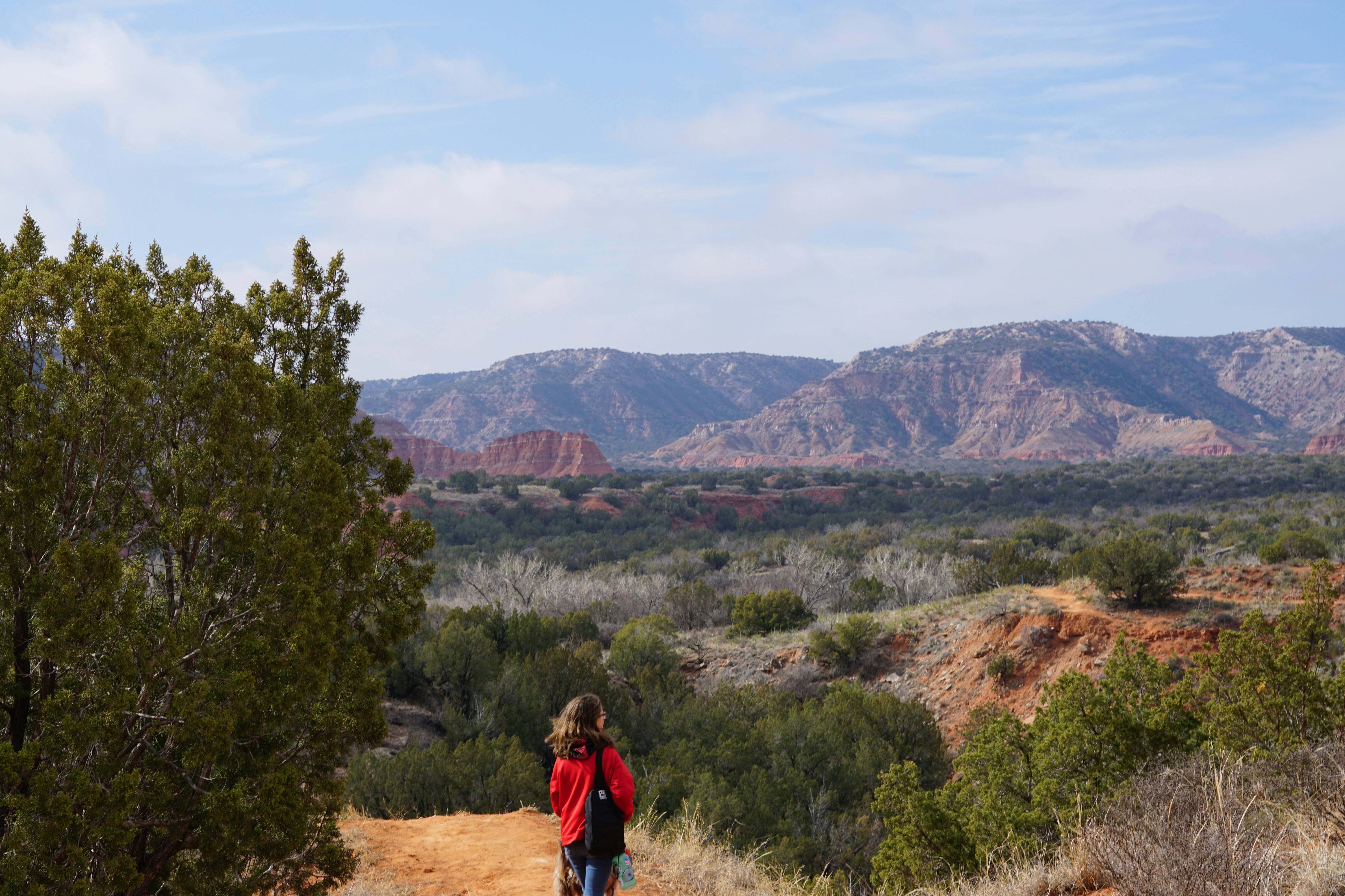 a person walking on a dirt path in the desert, A Scout looking over a Palo Duro Canyon landscape in Texas.
