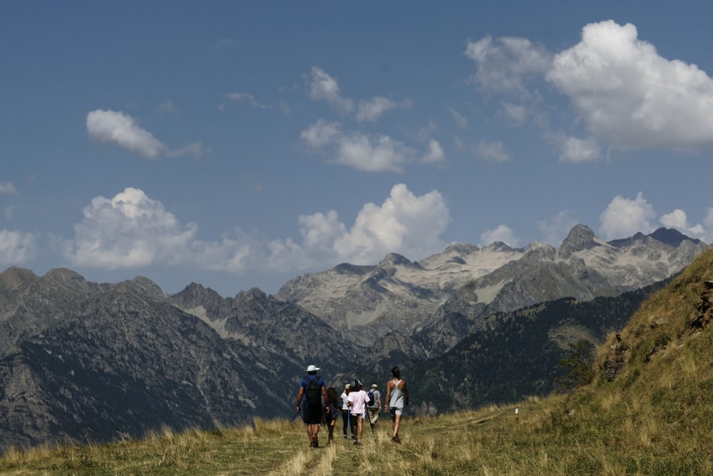 a group of people walking on a grassy hill with mountains in the background