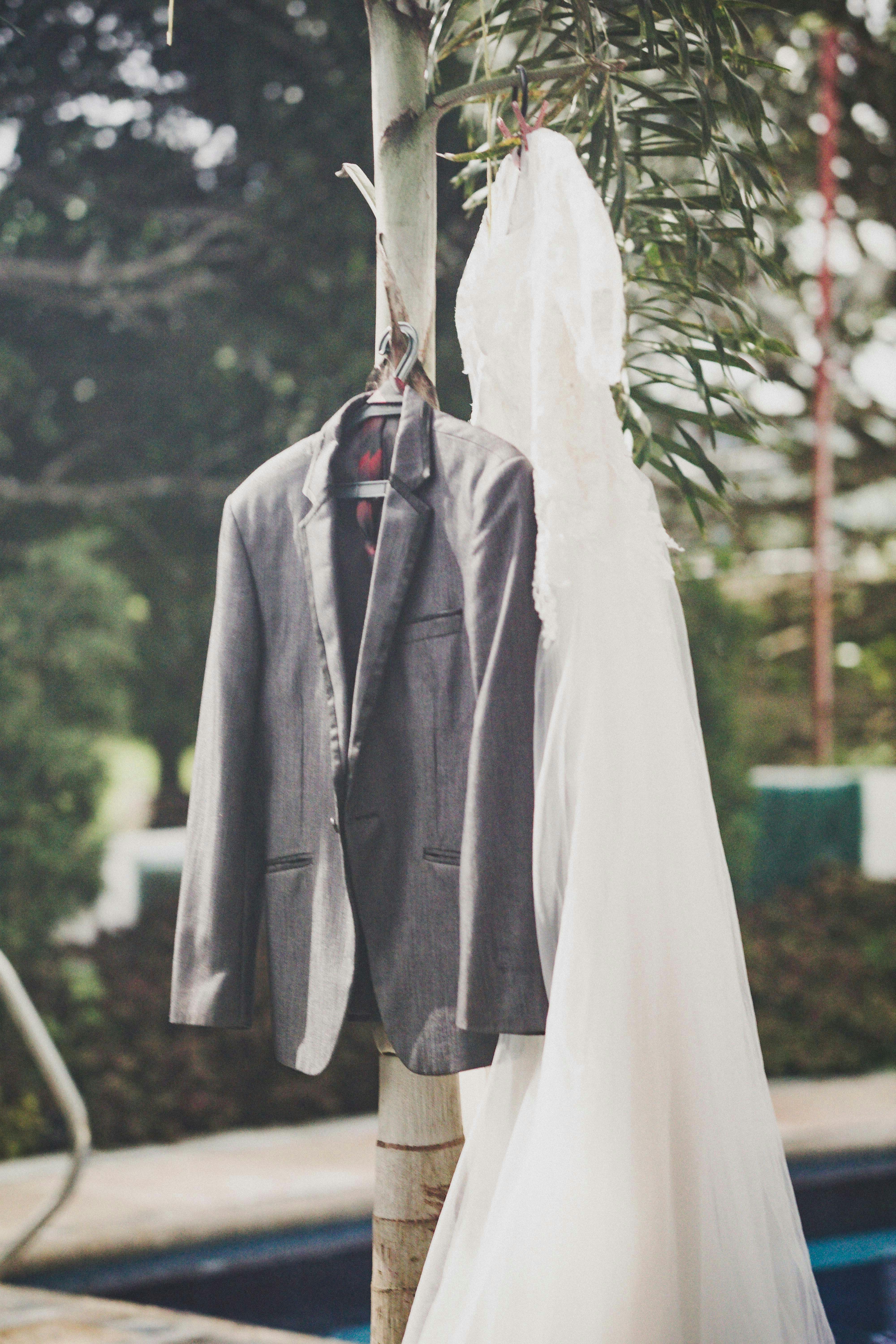 A groom's suit hanging ready for the wedding