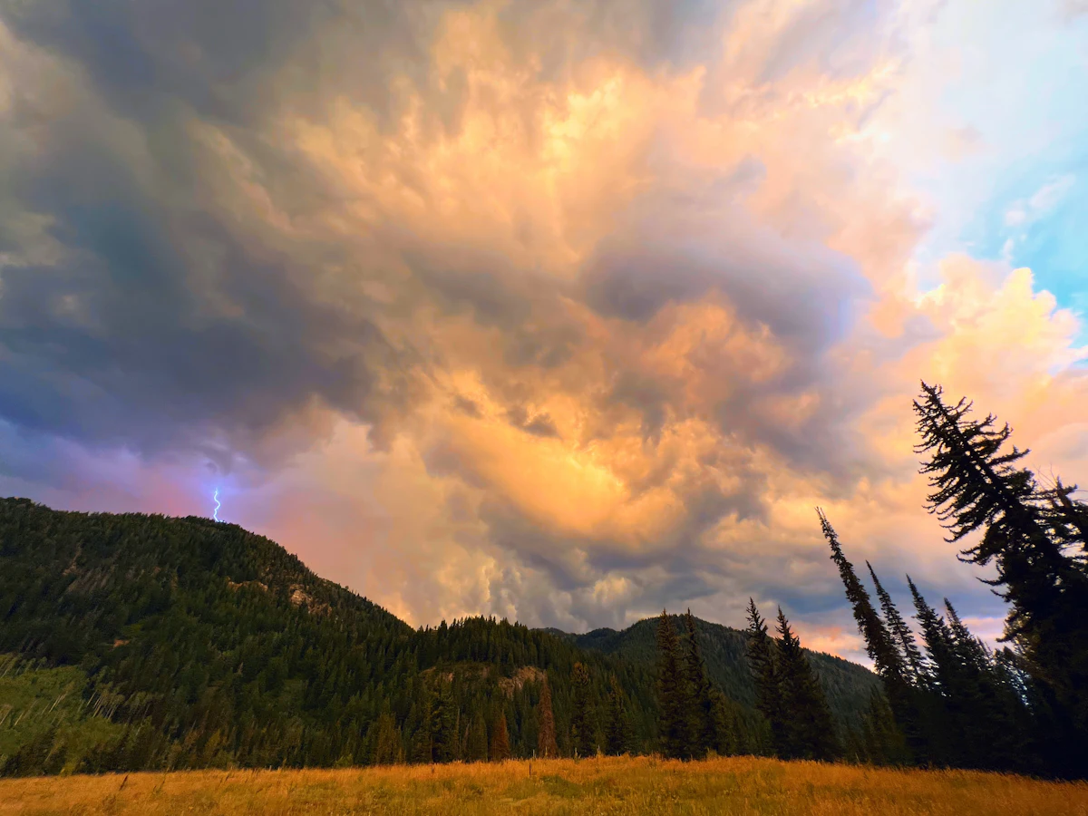 Lightning under a sunset storm cloud over a forested ridge and a meadow in Utah