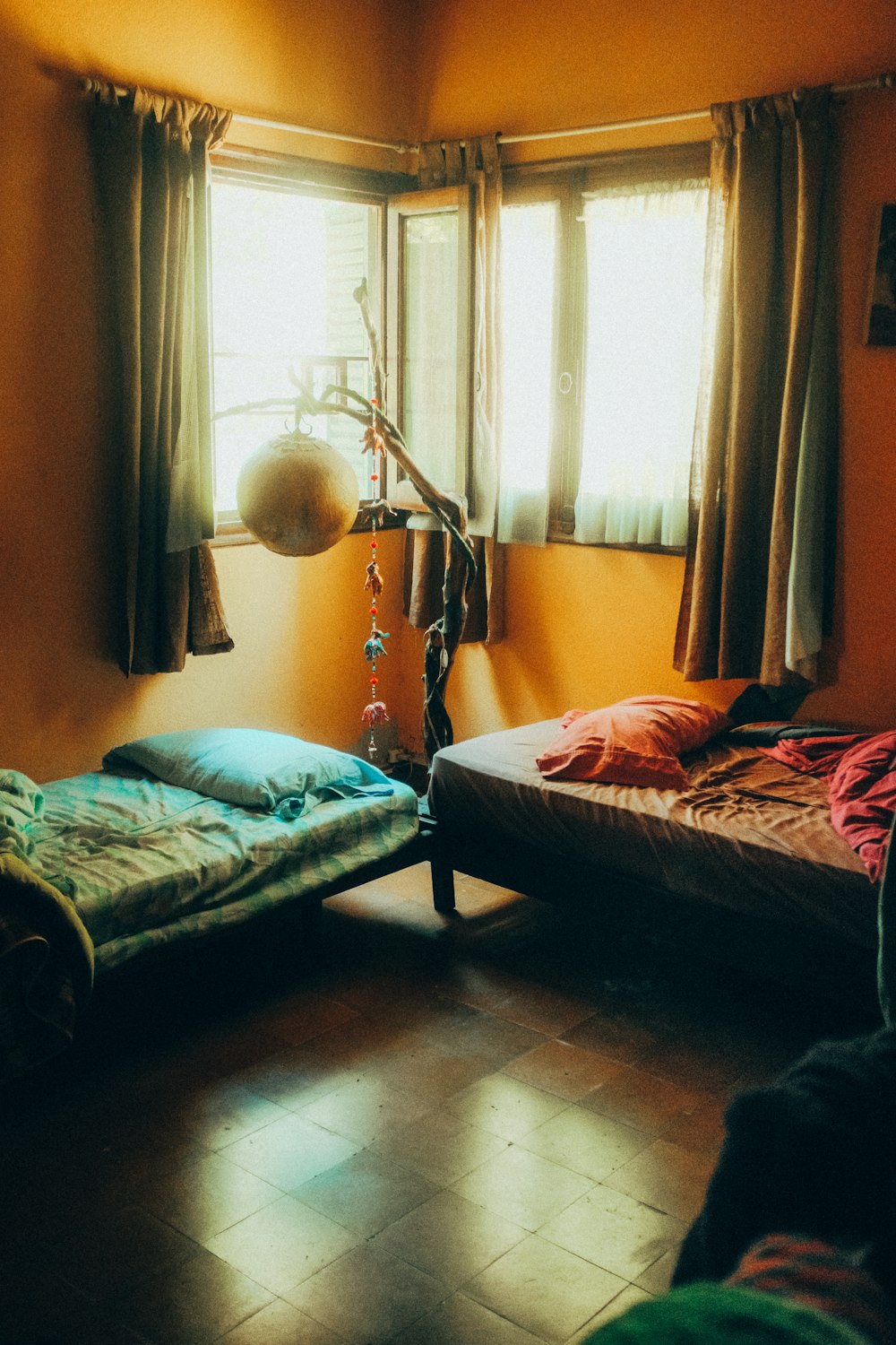 a bedroom with two beds