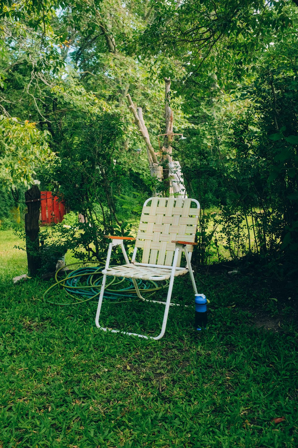 a chair and a wheelbarrow in a yard