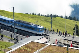 A blue train is positioned on a railway track surrounded by a lush green hillside. Several people are standing and walking around the platform, taking in the scenic view. The area is equipped with signposts, and a few Swiss flags are visible. In the background, a line of trees can be seen under a cloudy sky.